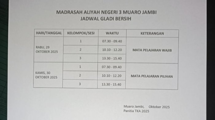 MAN 3 Muaro Jambi Umumkan Jadwal Gladi Bersih TKA 2025